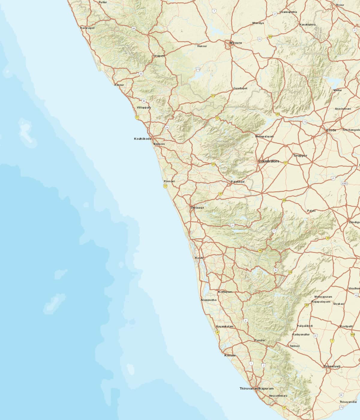 Carte détaillée de Kerala