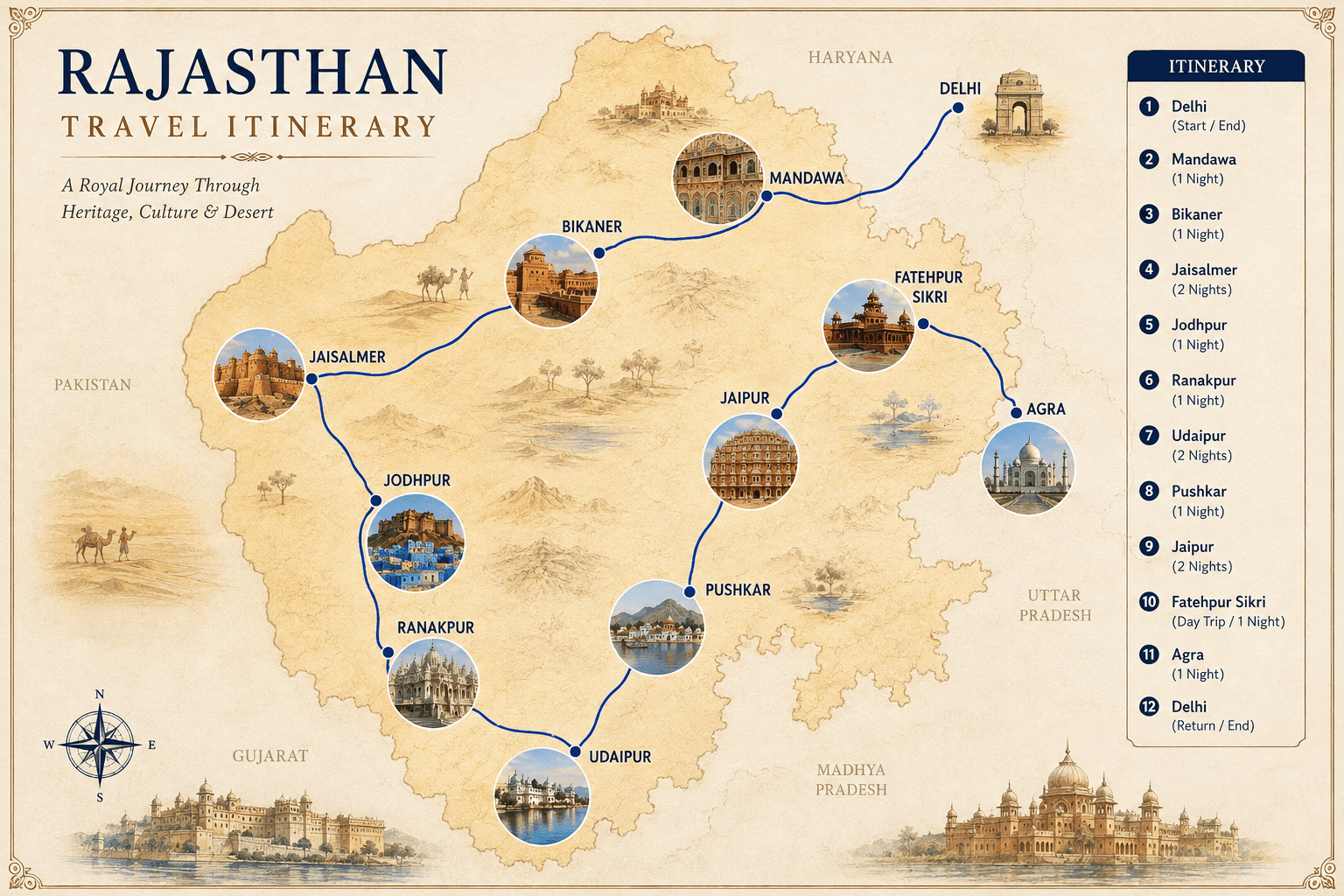 Carte du circuit Rajasthan classique — 12 jours